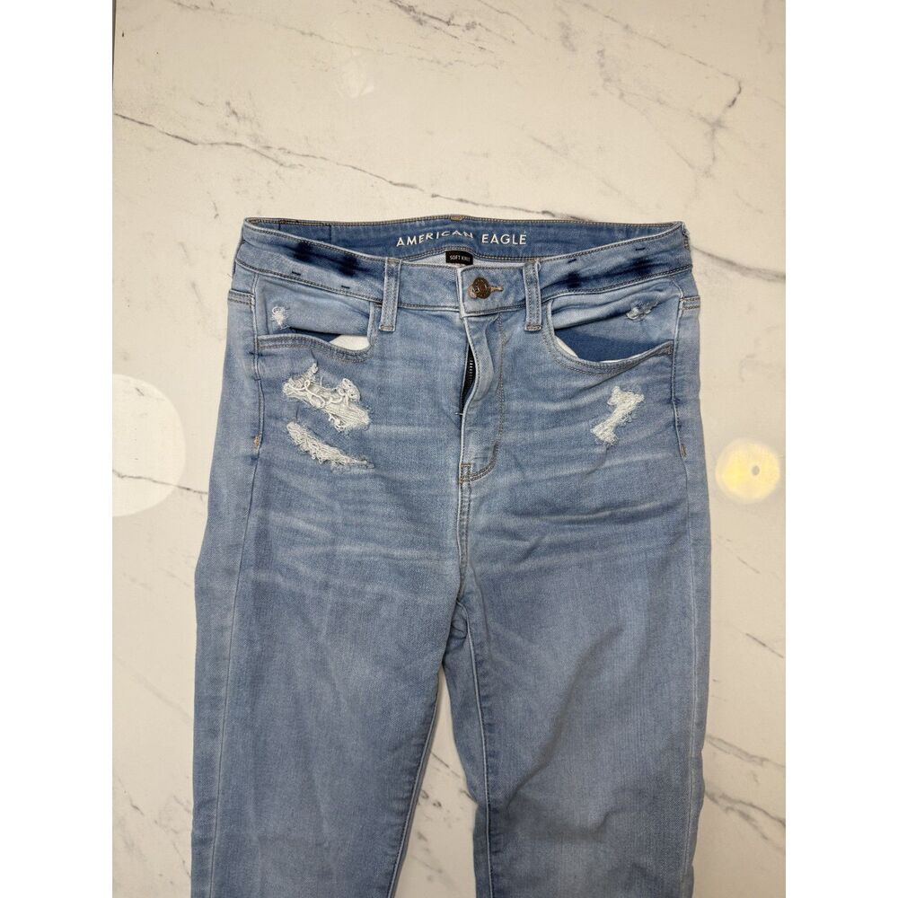 American Eagle Womens Jeans Size 8 X-Long Soft Knit Distressed Skinny Light Wash
